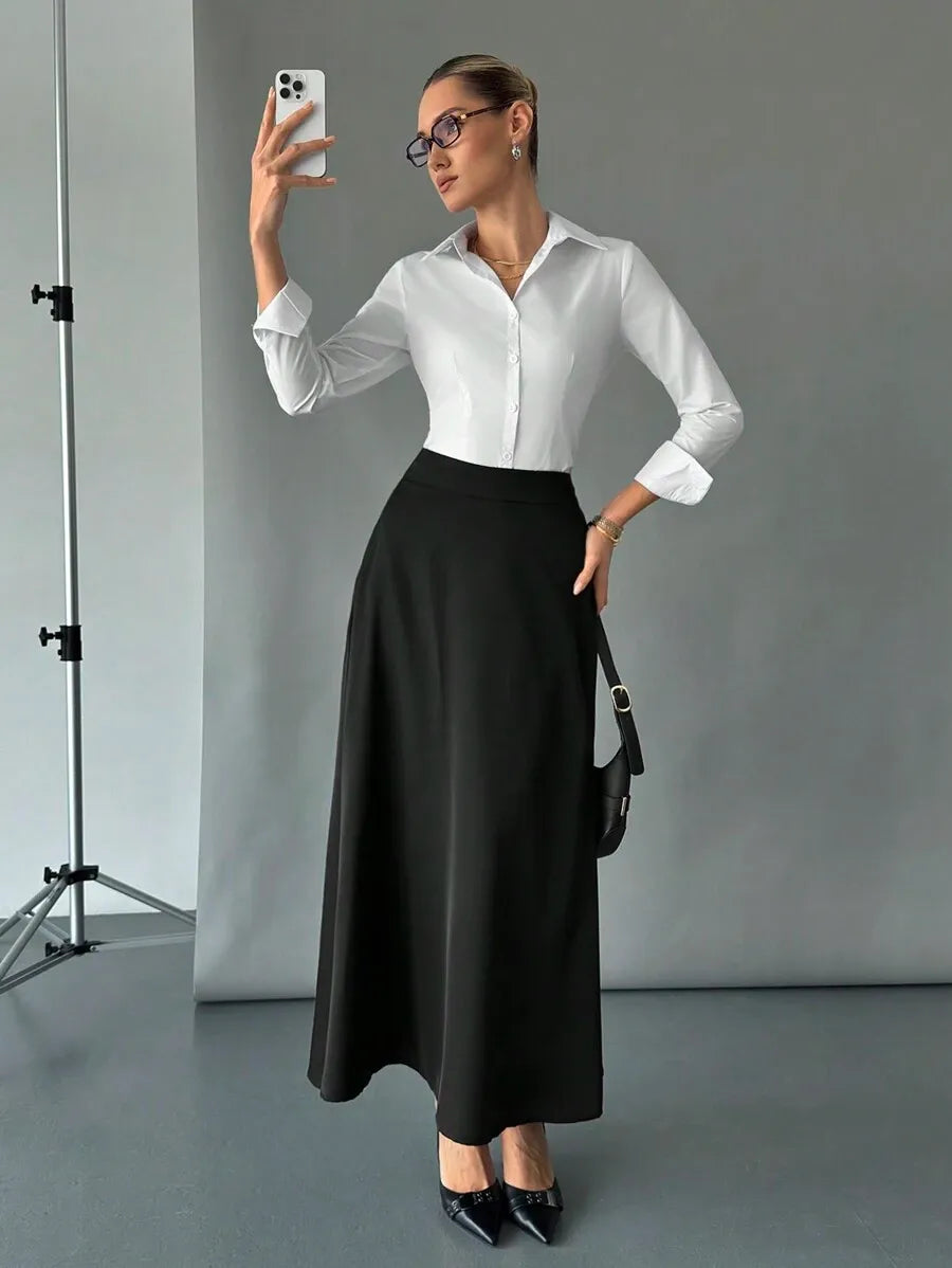 SHEIN Siren Gaze تنورة ماكسي سوداء بخصر فائق الارتفاع ومجهزة بجيوك جانبية