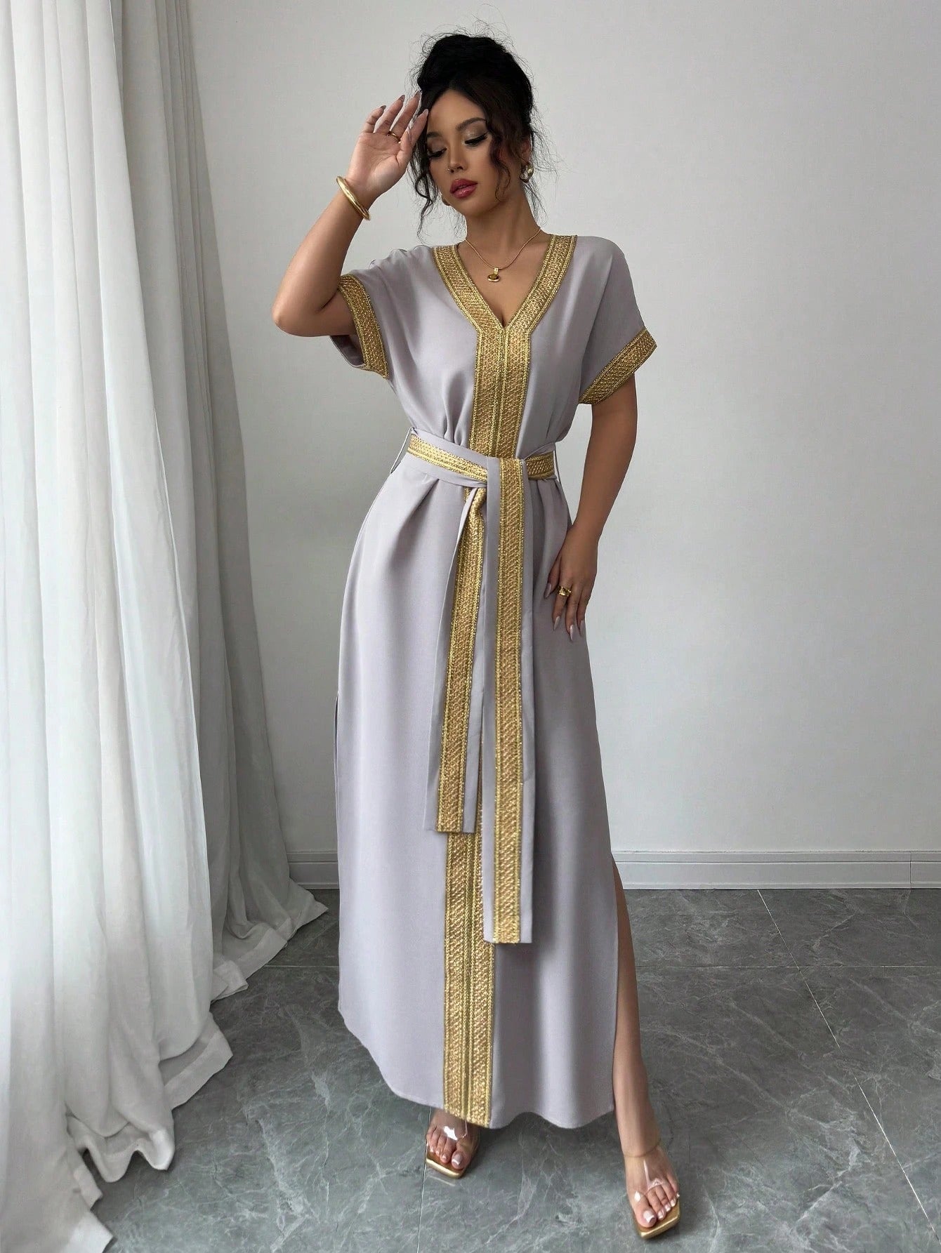 SHEIN Breezaya فستان نسائي فضفاض بخصر مرن ذهبي