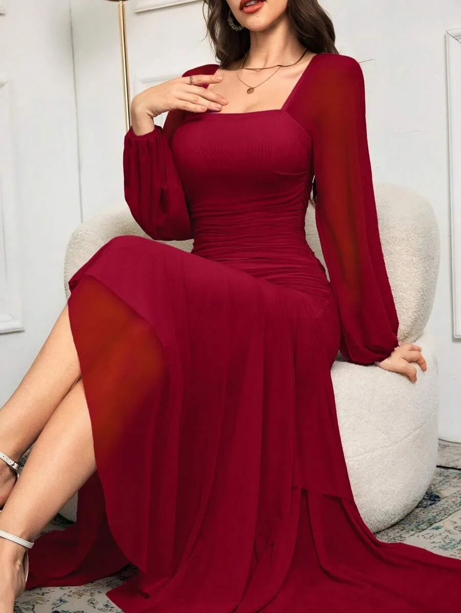 SHEIN Modelyn فستان طويل بأكمام طويلة بلون عنابي