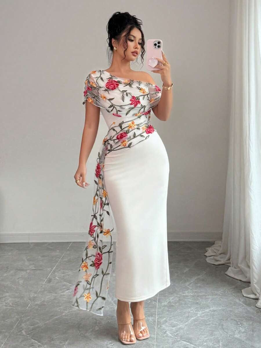 SHEIN فستان ميدي مطرز بالشبك أنيق