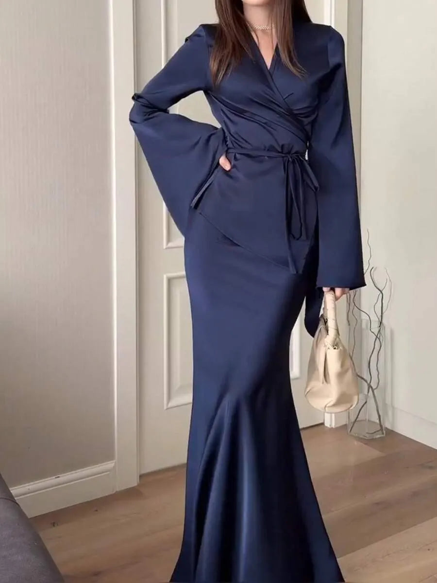 SHEIN طقم نسائي قطعتين بلوزة بياقة وتنورة طويلة برباط خصر بلون أزرق بحري