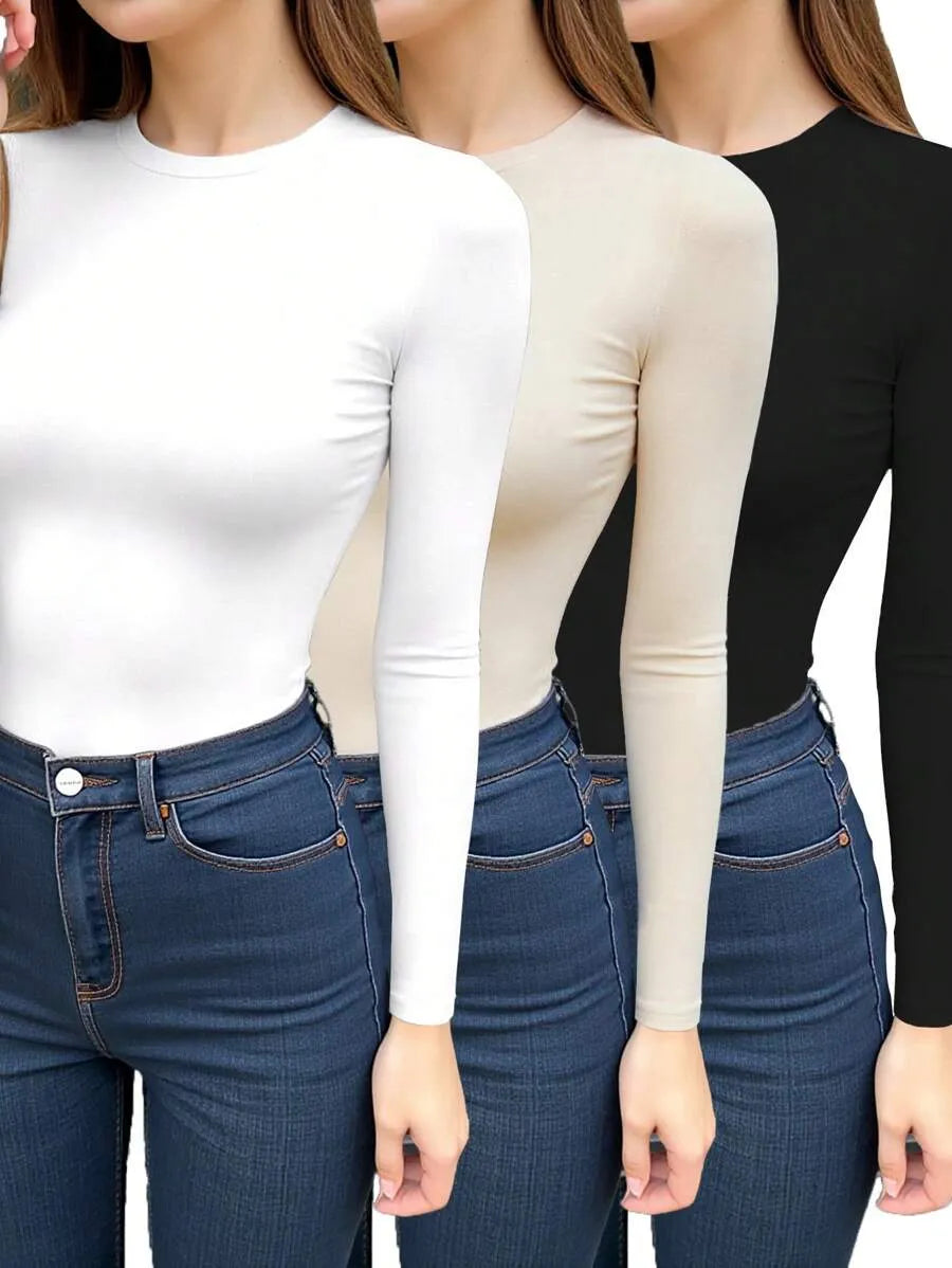SHEIN INAWLY طقم 3 قطع تي شيرت نسائي ضيق بأكمام طويلة متعدد الألوان