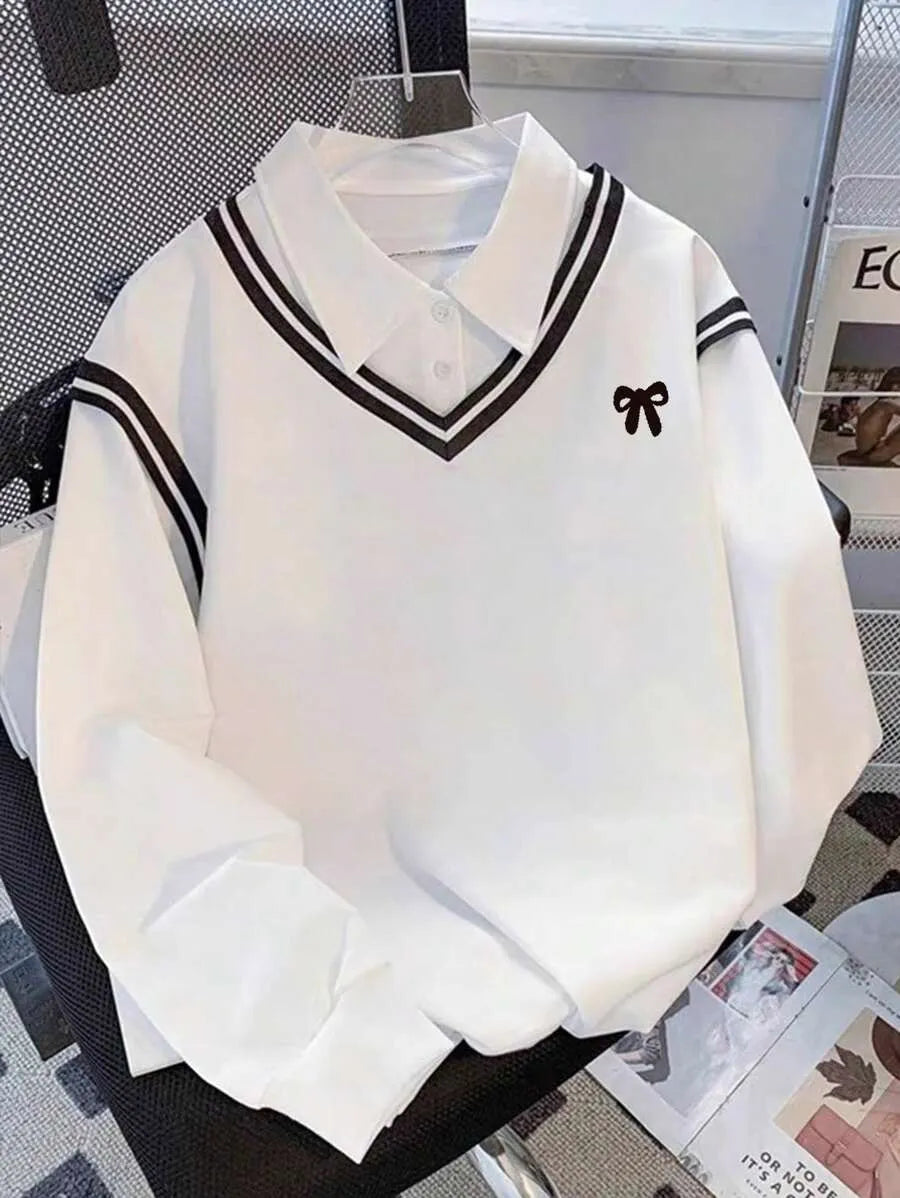 SHEIN Resyla بلوزة نسائية فضفاضة بياقة بولو وفيونكة وخطوط بلون أبيض