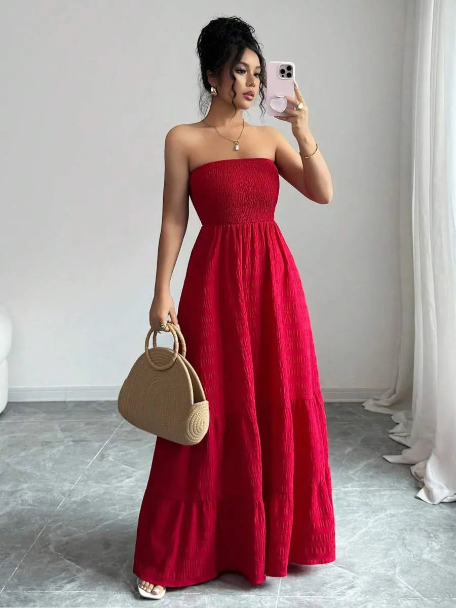 SHEIN Rafferiza فستان كاجوال بلا حمالات مع كشكشة أمامية بلون أحمر
