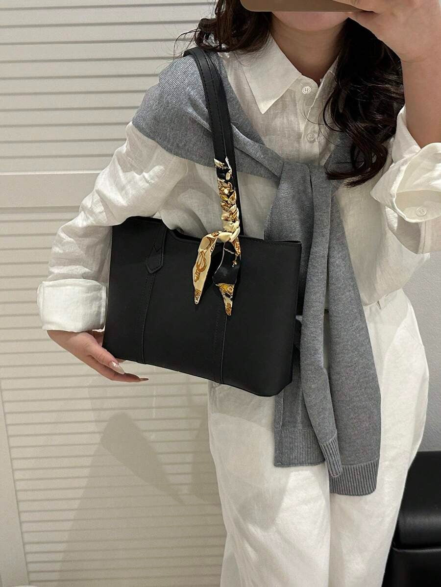 SHEIN حقيبة كتف سوداء مع وشاح حريري
