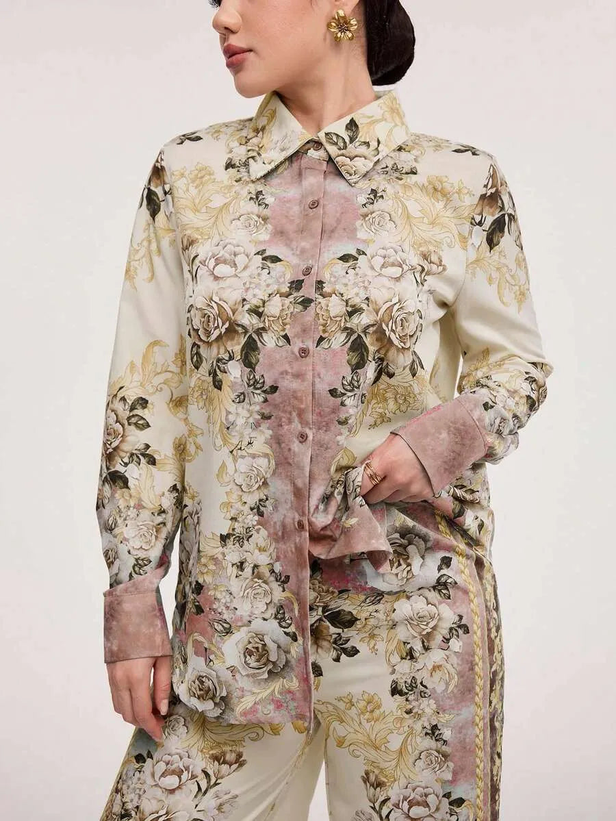 SHEIN Veilorie طقم نسائي قطعتين بلوزة بأزرار أمامية وبنطال طويل بلون مشمشي