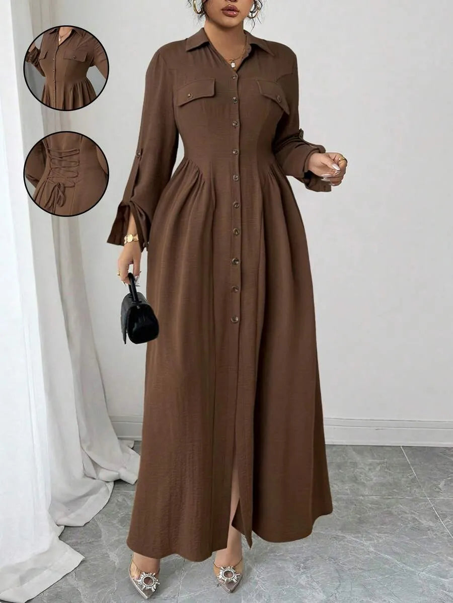 SHEIN Roveilla فستان نسائي بقميص وأزرار أمامية بلون بني