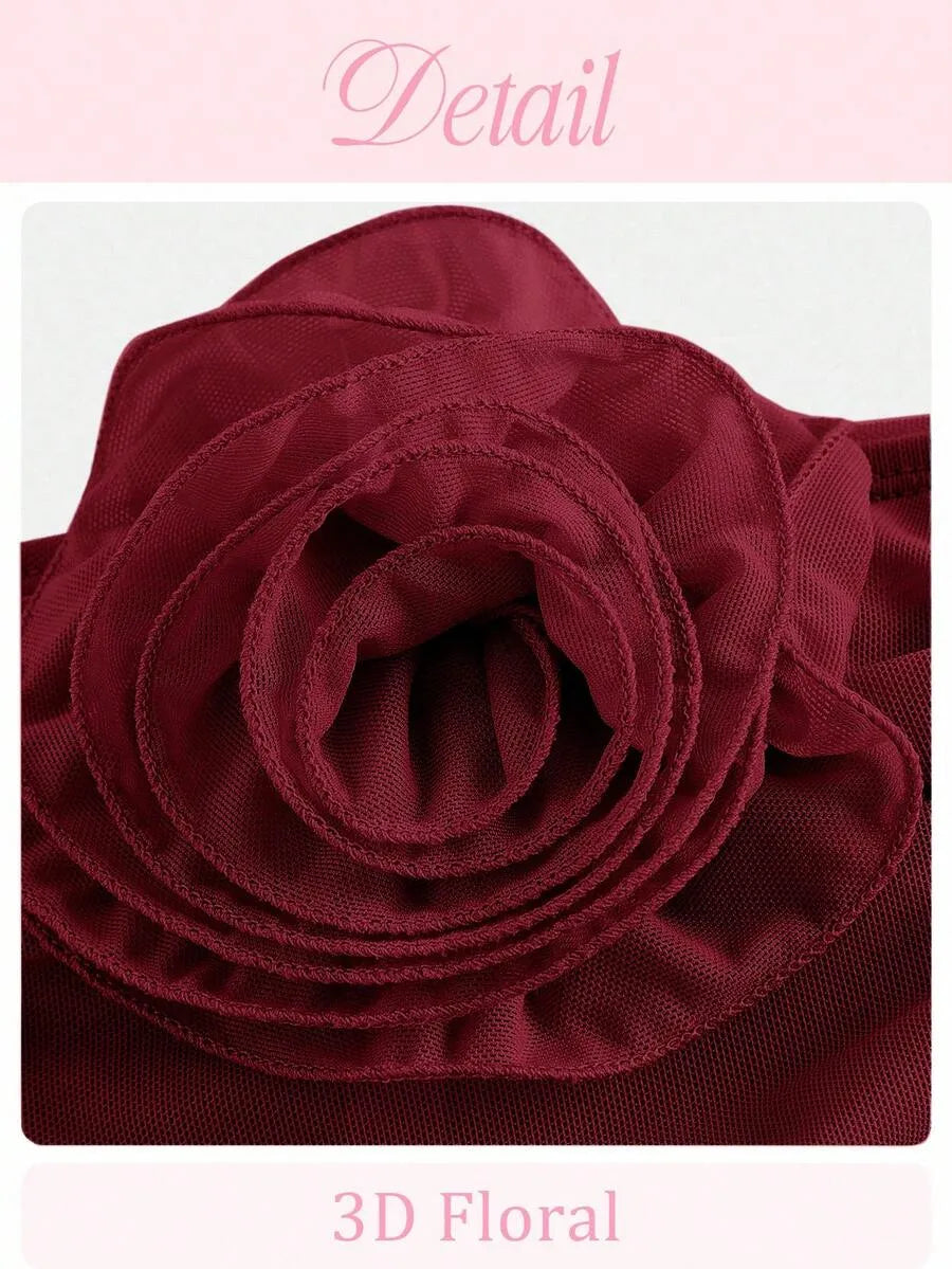 SHEIN MOD فستان نسائي ميني بياقة رسن وزهور ثلاثية الأبعاد بلون عنابي