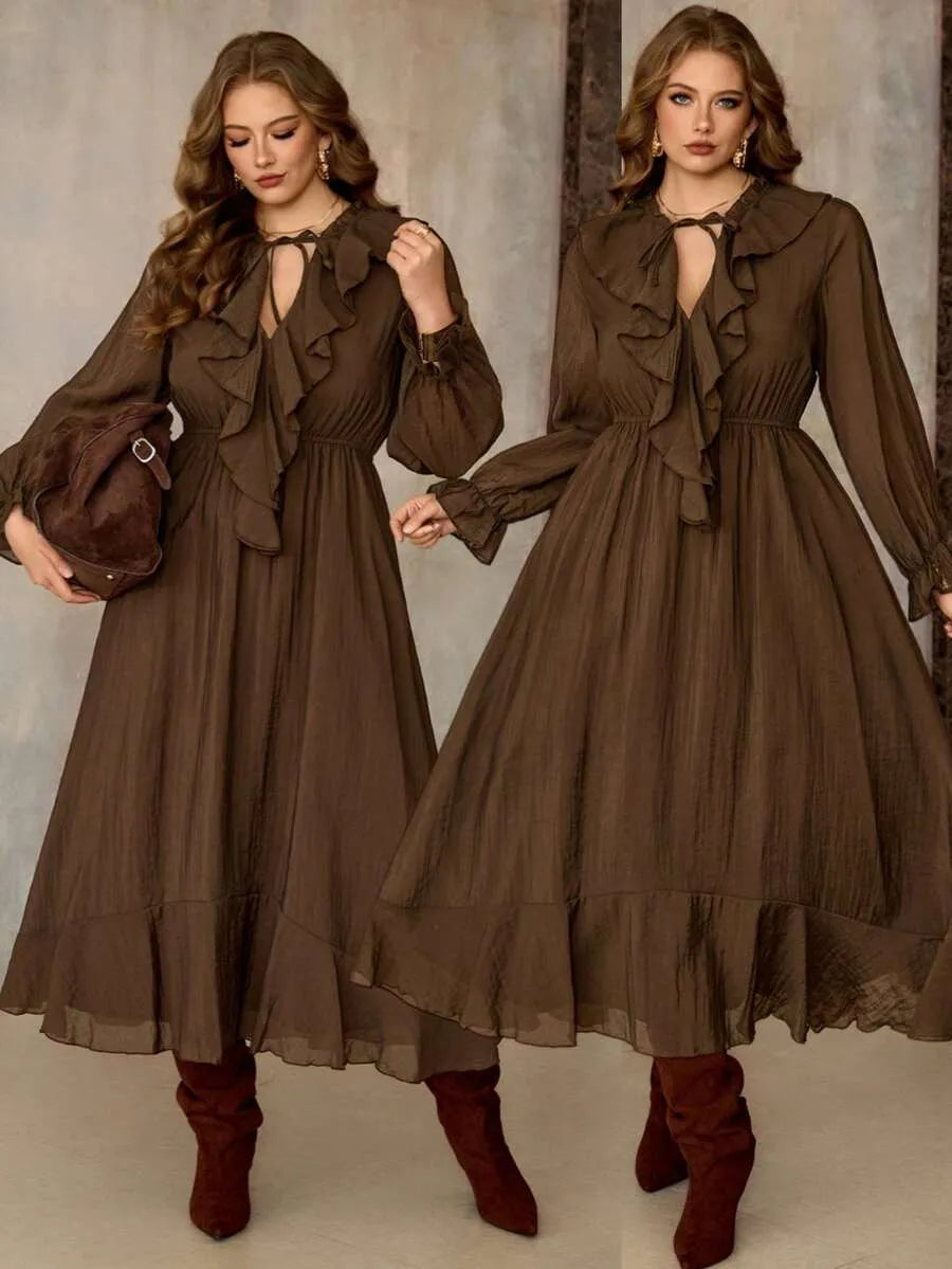 SHEIN Roveilla فستان نسائي بياقة وخصر برباط بلون بني