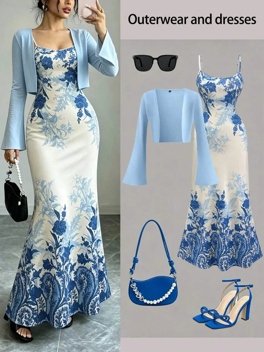 SHEIN طقم كارديجان محبوك بأكمام واسعة مع فستان بطبعة زهور بلون الأزرق