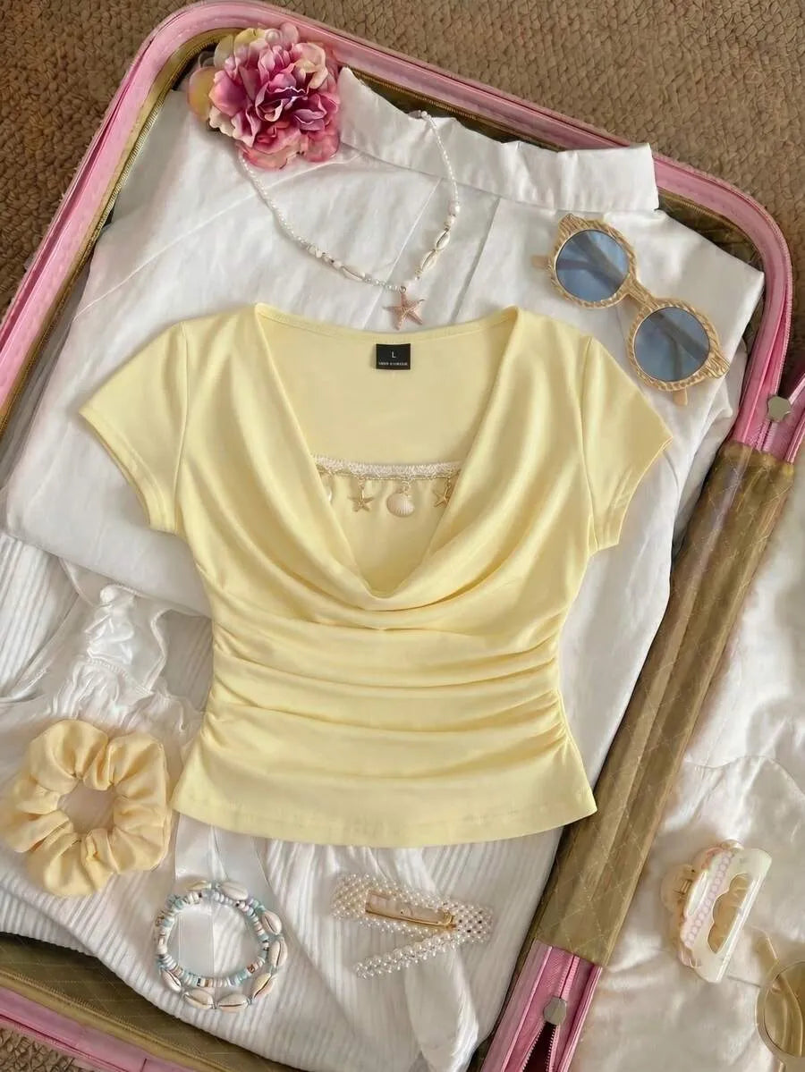 SHEIN MOD تي شيرت نسائي ضيق بتصميم مجعد وأكمام قصيرة واسعة بلون أصفر