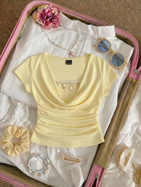 SHEIN MOD تي شيرت نسائي ضيق بتصميم مجعد وأكمام قصيرة واسعة بلون أصفر