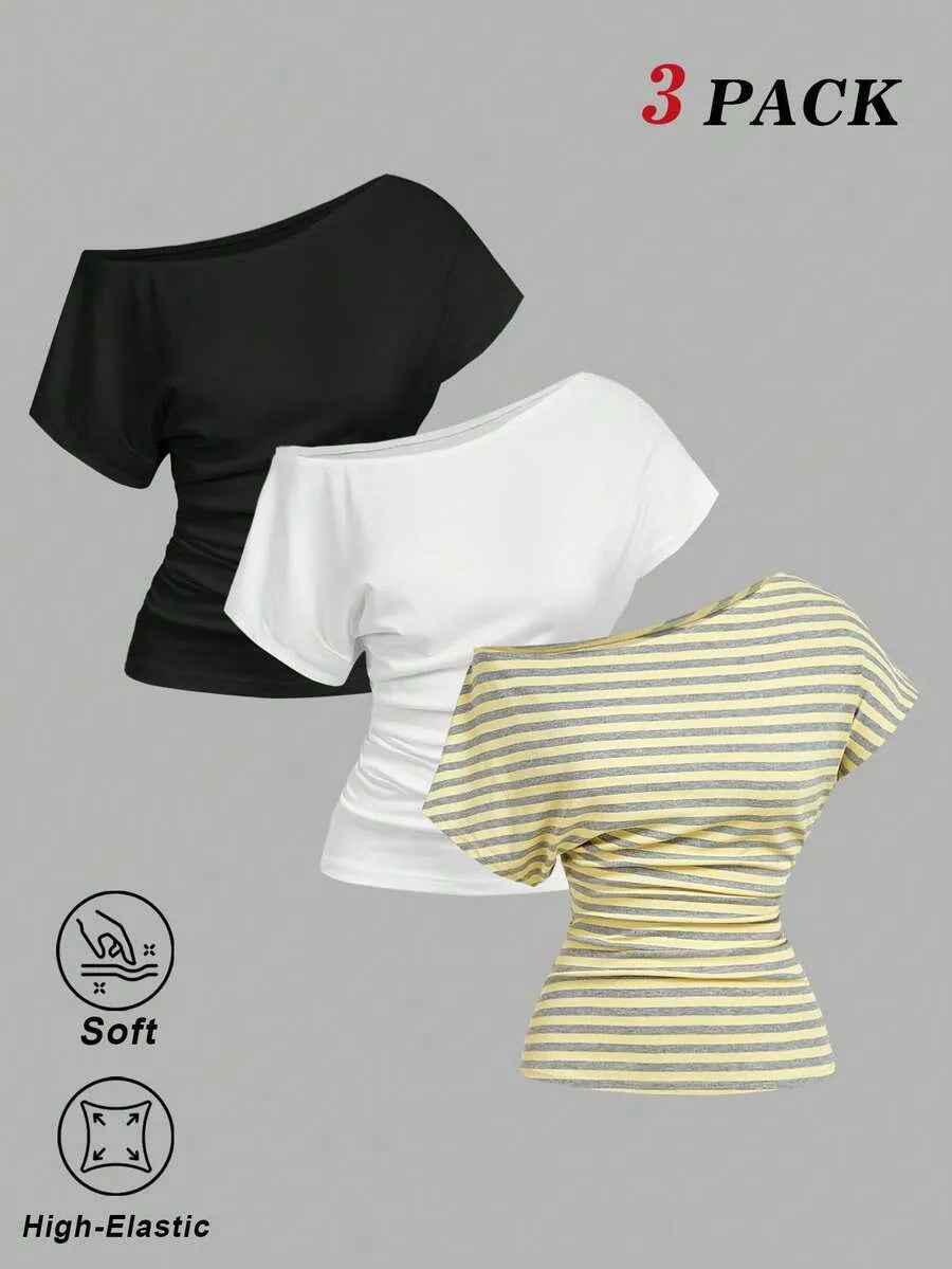 SHEIN MOD طقم 3 قطع تي شيرت نسائي بكتف غير متماثل مخطط متعدد الألوان