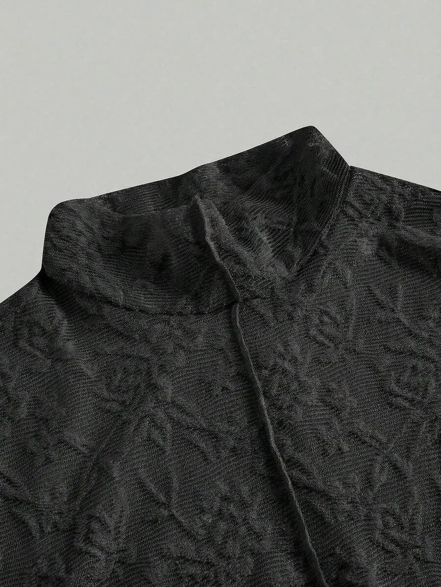 SHEIN MOD فستان نسائي طويل بياقة عالية ونقشة جاكار وأكمام طويلة بلون أسود