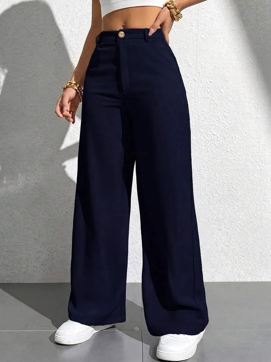 SHEIN PETITE بنطال نسائي فضفاض بجيوب بلون أزرق قوي