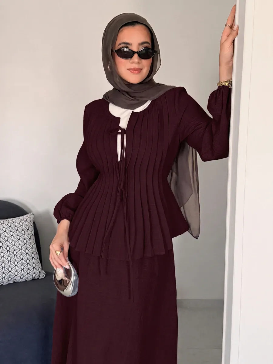SHEIN Solavon طقم نسائي قطعتين بلوزة بأكمام طويلة وتنورة طويلة برباط أمامي بلون عنابي
