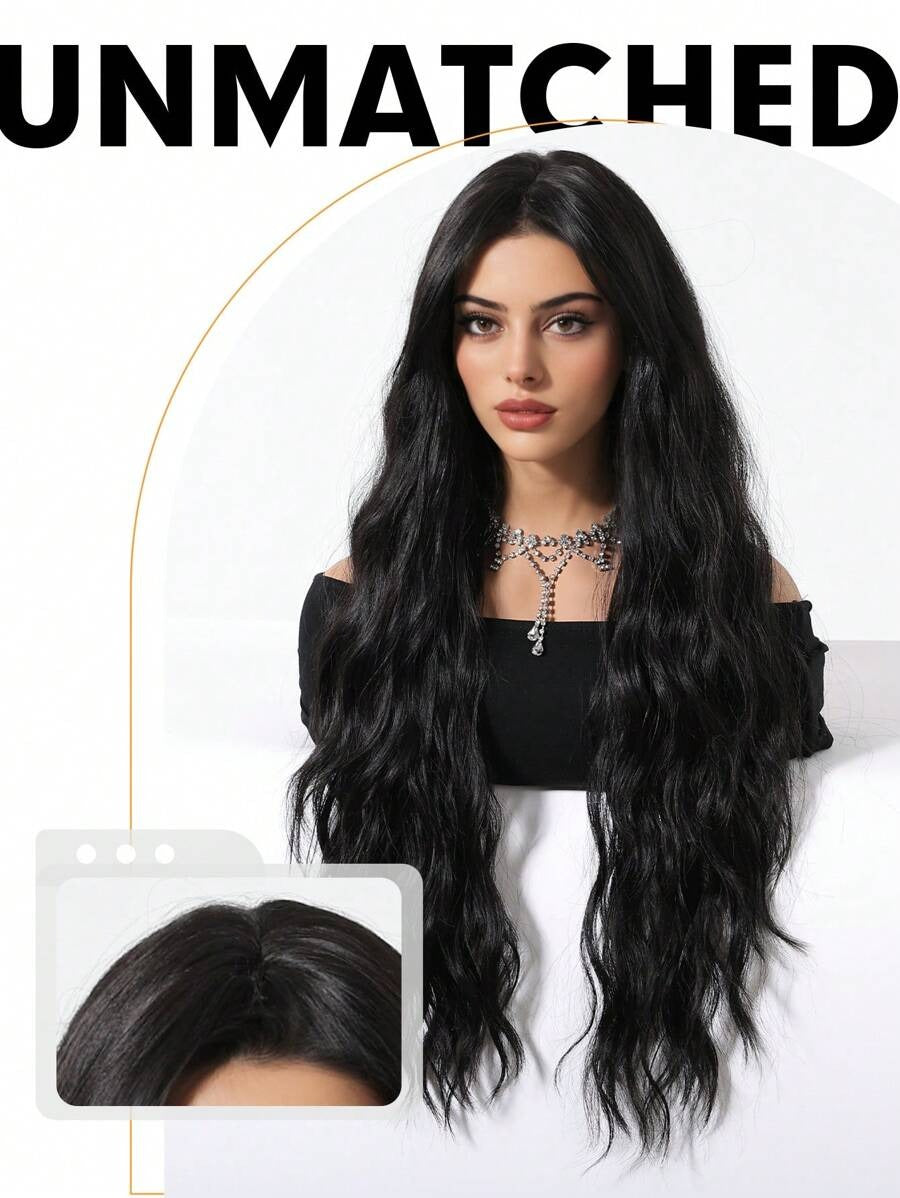 SHEIN باروكة شعر أسود طويلة 28 بوصة مموج وكيرلي مقاومة للحرارة