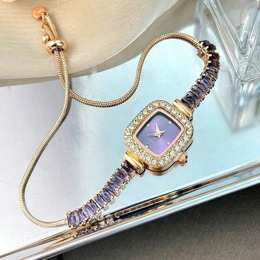 SHEIN ساعة نسائية كوارتز بسوار مزخرف بالزركونيا البنفسجية وعلبة سبائكية