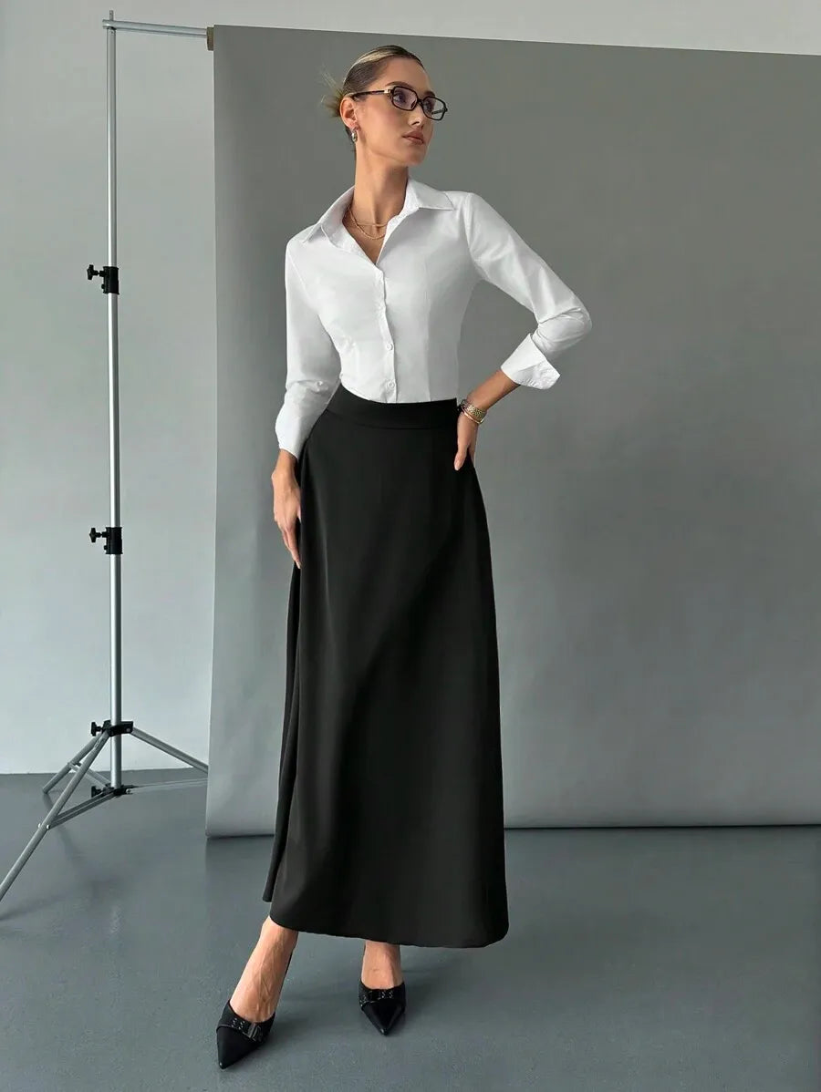 SHEIN Siren Gaze تنورة ماكسي سوداء بخصر فائق الارتفاع ومجهزة بجيوك جانبية