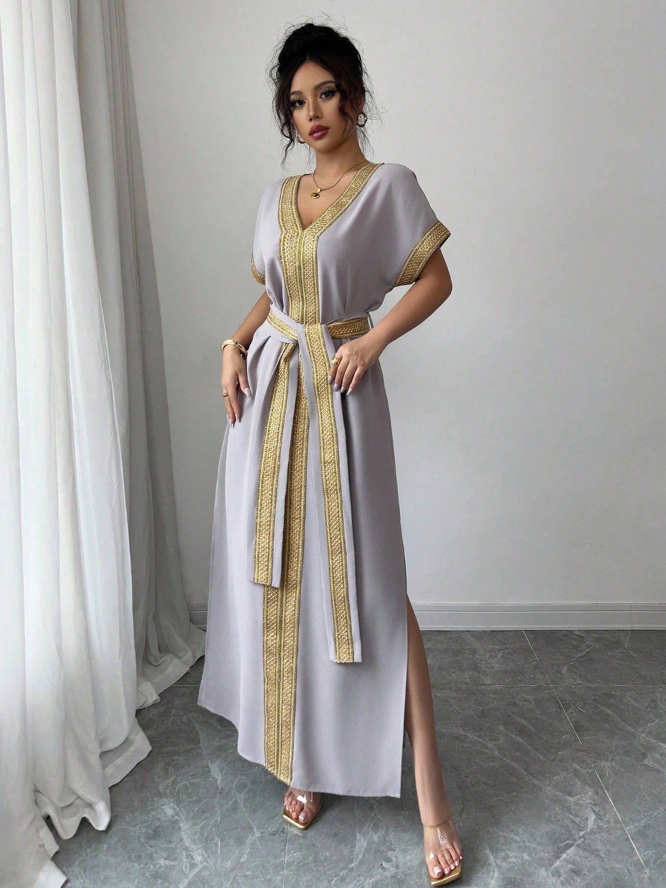SHEIN Breezaya فستان نسائي فضفاض بخصر مرن ذهبي