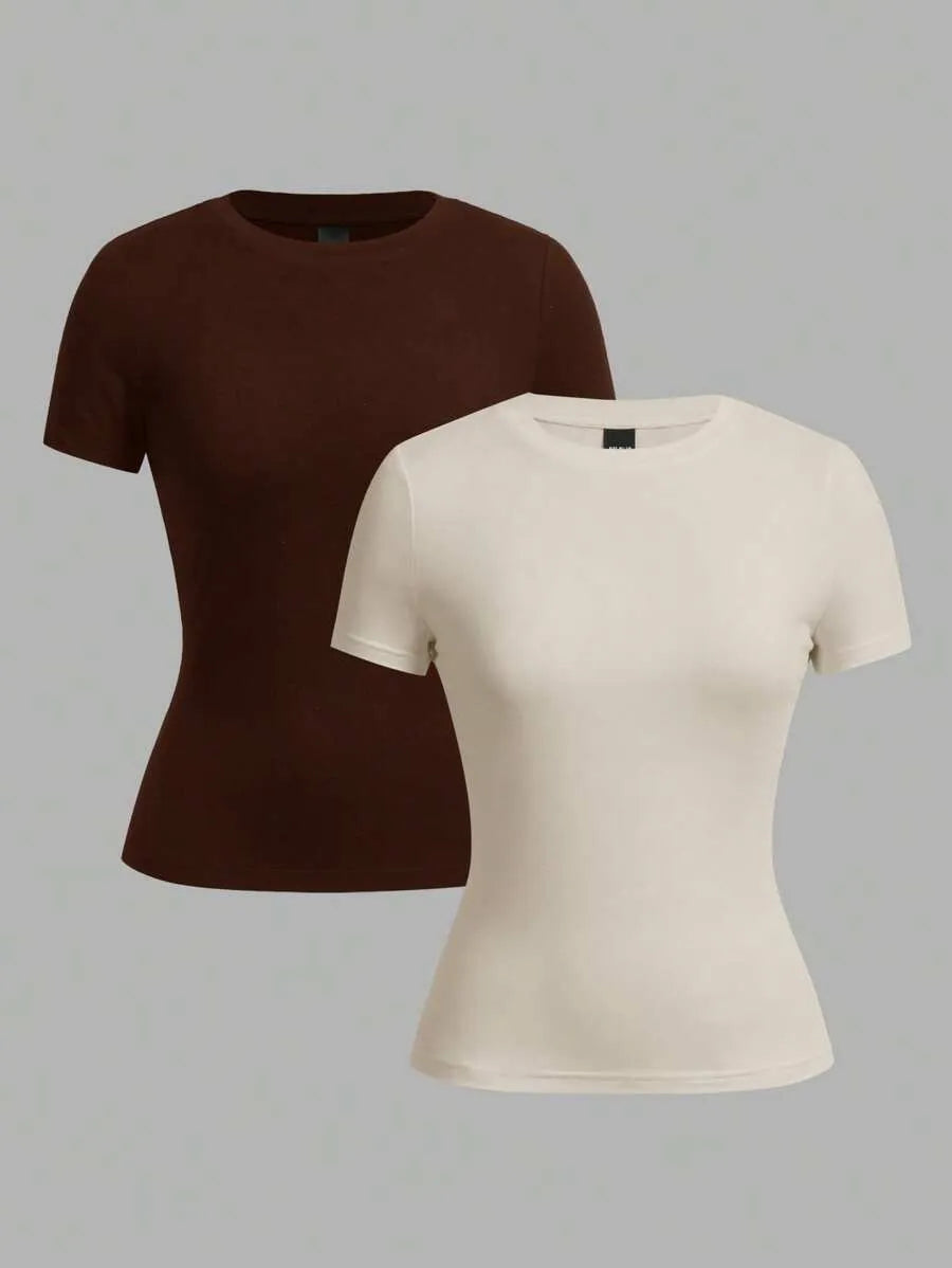 SHEIN EZwear طقم 2 قطعة تي شيرت نسائي بأكمام قصيرة وياقة دائرية متعدد الألوان