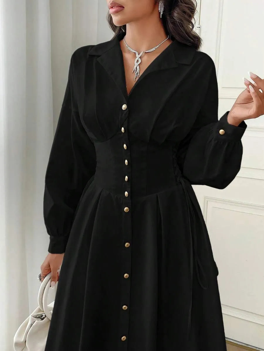 SHEIN Modelyn فستان قميص طويل بأزرار أمامية وخصر محدد بلون أسود