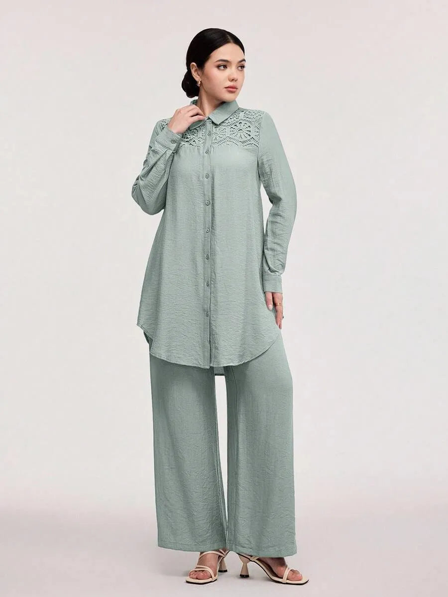 SHEIN Veilorie طقم نسائي قطعتين بلوزة طويلة بأزرار أمامية وبنطال بلون أخضر