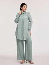 SHEIN Veilorie طقم نسائي قطعتين بلوزة طويلة بأزرار أمامية وبنطال بلون أخضر