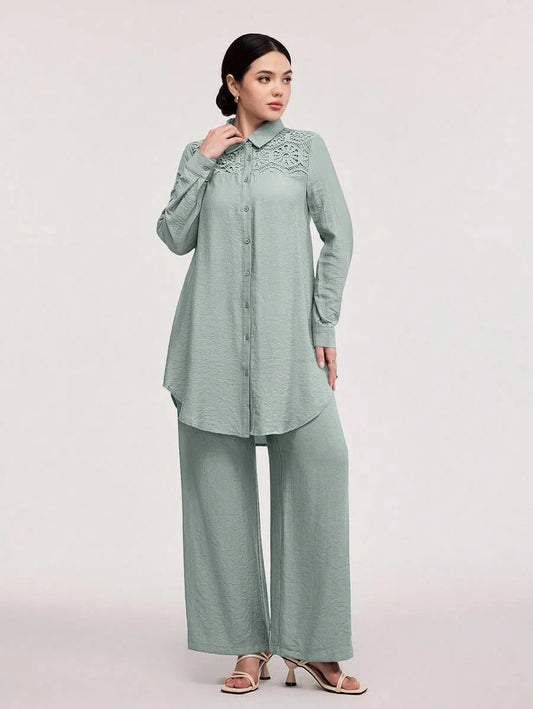SHEIN Veilorie طقم نسائي قطعتين بلوزة طويلة بأزرار أمامية وبنطال بلون أخضر
