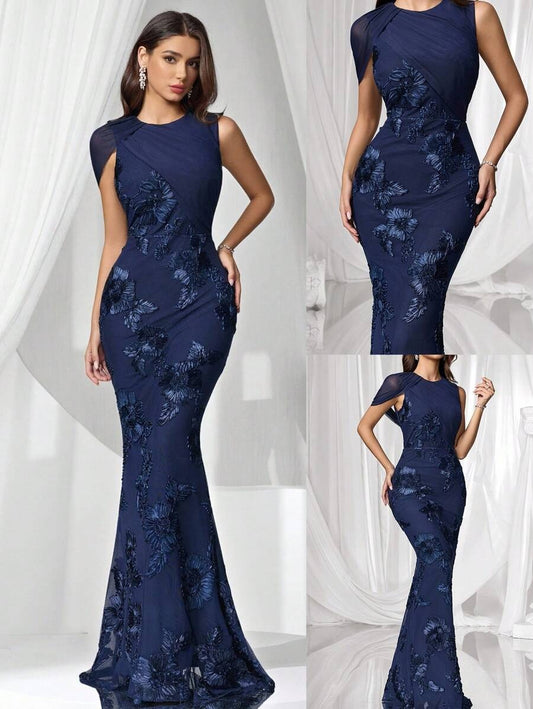 SHEIN Coutiva فستان سهرة أزرق بتطريز ثلاثي الأبعاد