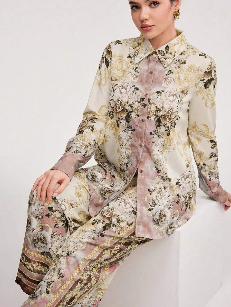 SHEIN Veilorie طقم نسائي قطعتين بلوزة بأزرار أمامية وبنطال طويل بلون مشمشي