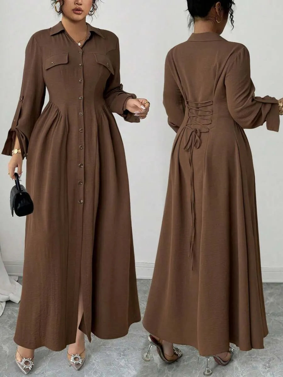 SHEIN Roveilla فستان نسائي بقميص وأزرار أمامية بلون بني