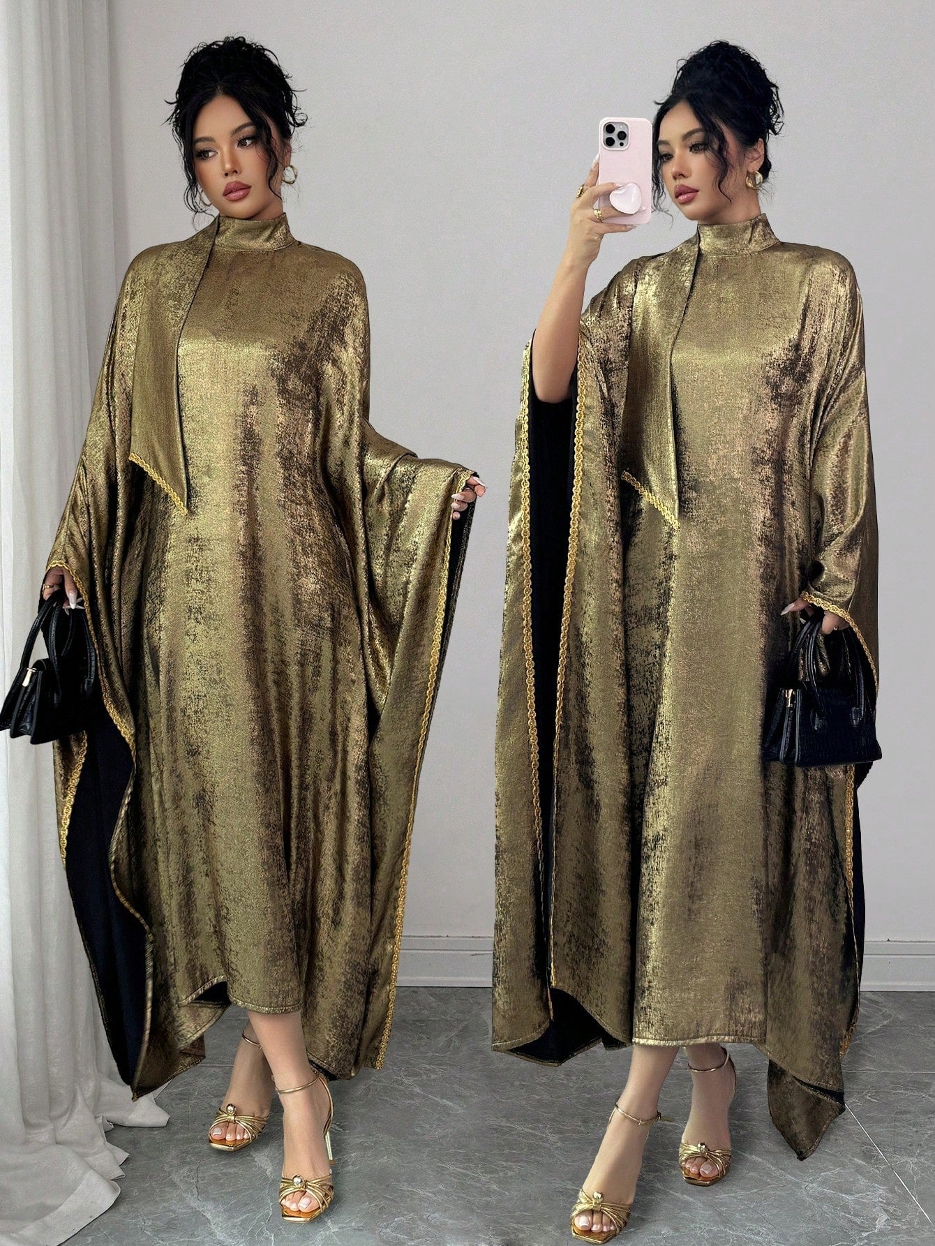 SHEIN Raffinéa فستان نسائي أنيق بياقة عالية وشريط ذهبي