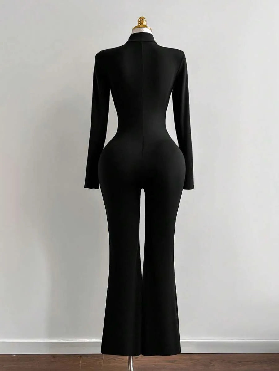 SHEIN Flirla جمبسوت نسائي ضيق بياقة واقفة و بتصميم متباين بلون الأسود والأبيض