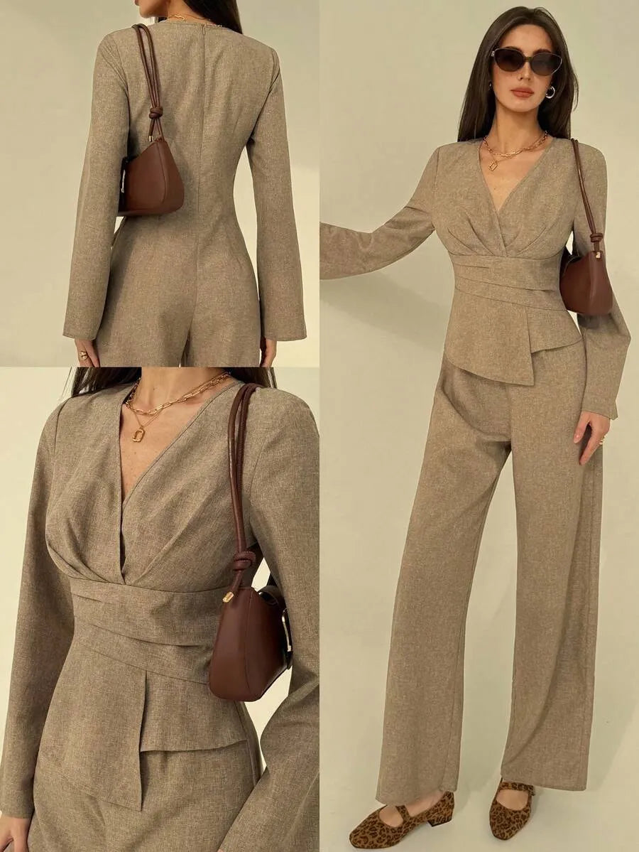 SHEIN Aloruh جمبسوت نسائي بياقة وخصر مجعد وساق واسعة بلون مشمشي
