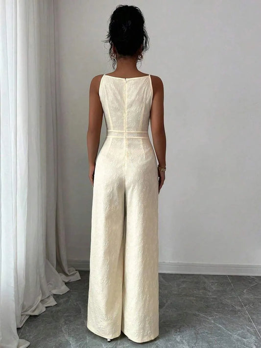 SHEIN Elenzga جمبسوت بلون مشمشي بفيونكة كتف وخصر محدد وساق واسعة