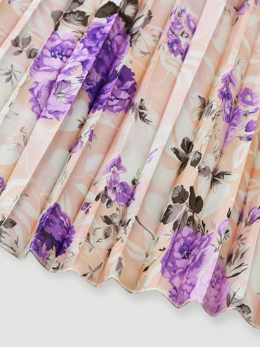 SHEIN طقم فستان بطبعة زهور مع كارديجان محبوك بلون أرجواني
