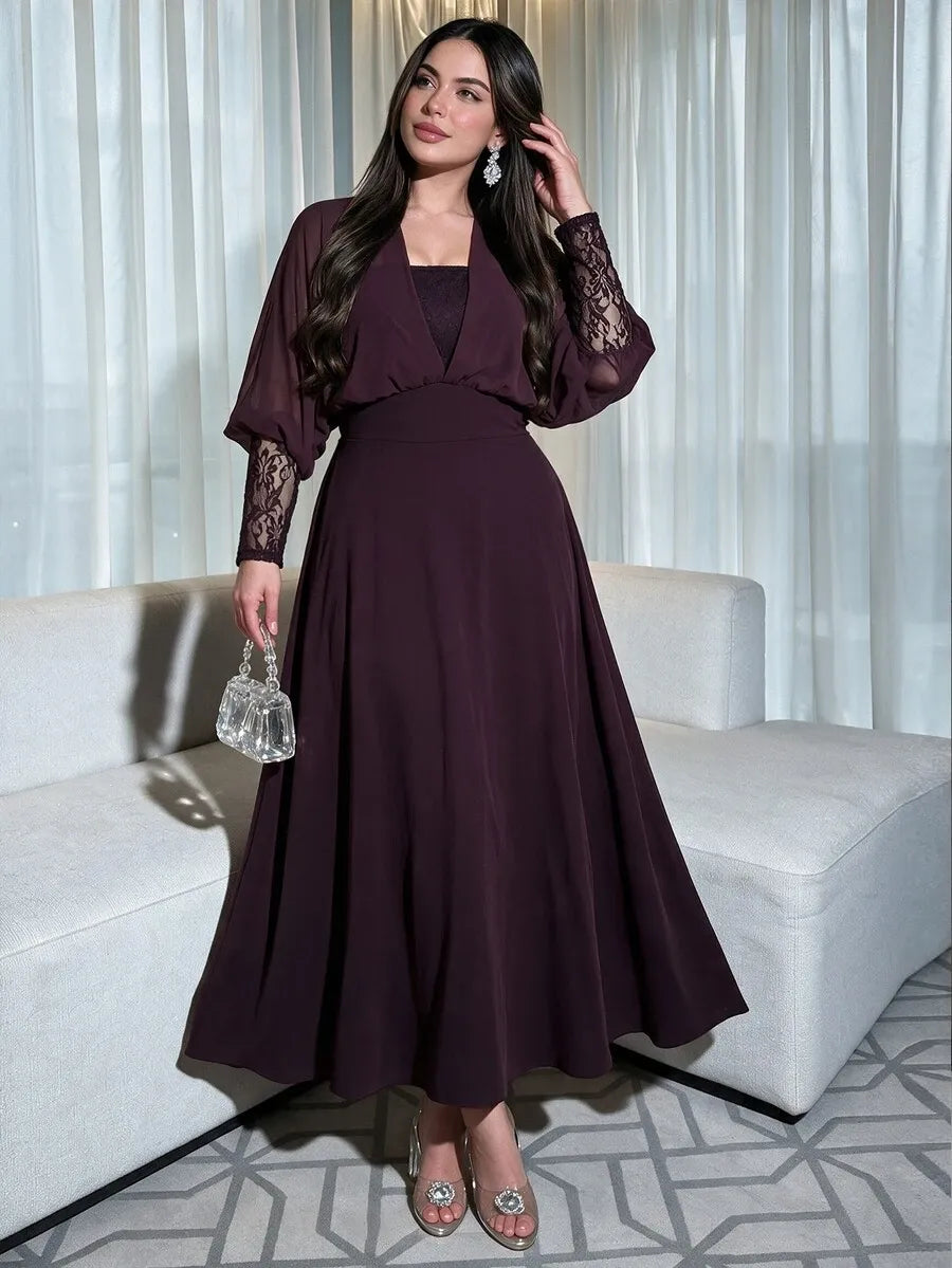 SHEIN Modelyn فستان نسائي بياقة وأكمام دانتيل بلون أحمر بنفسجي