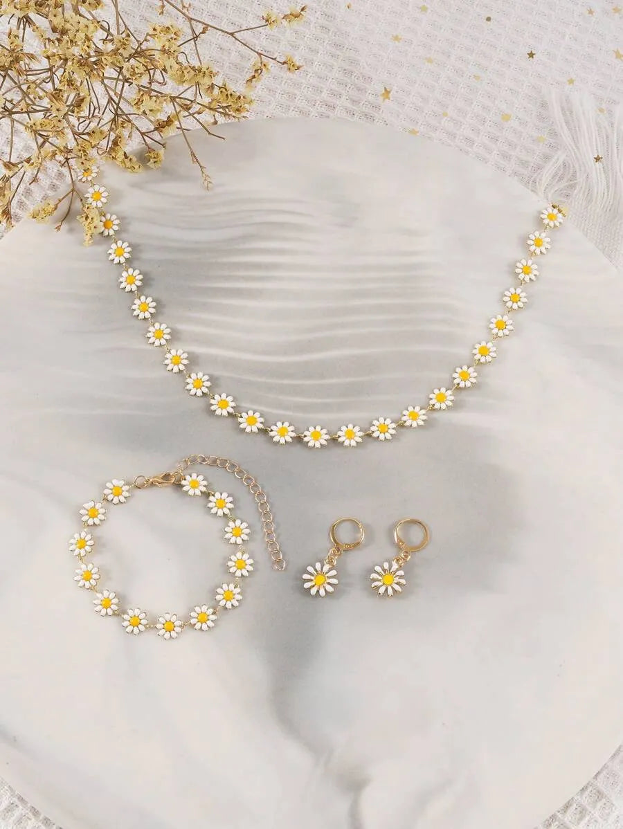 SHEIN طقم مجوهرات نسائي قلادة وسوار وأقراط بتصميم زهرة عباد الشمس