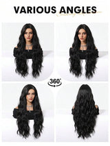 SHEIN باروكة شعر أسود طويلة 28 بوصة مموج وكيرلي مقاومة للحرارة