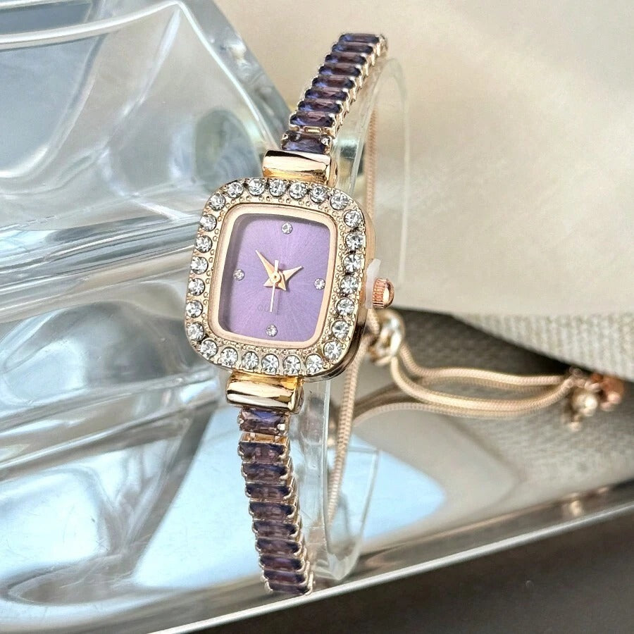 SHEIN ساعة نسائية كوارتز بسوار مزخرف بالزركونيا البنفسجية وعلبة سبائكية