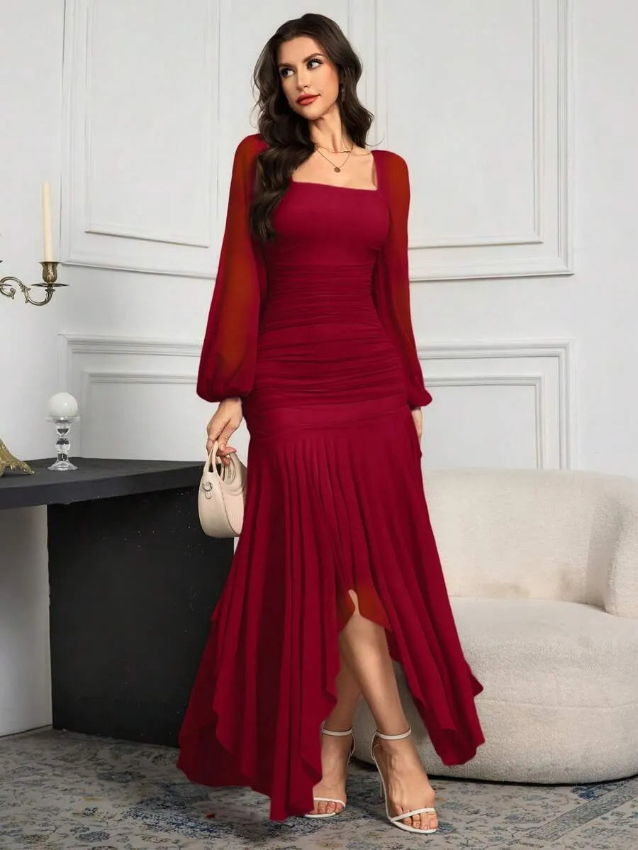 SHEIN Modelyn فستان طويل بأكمام طويلة بلون عنابي