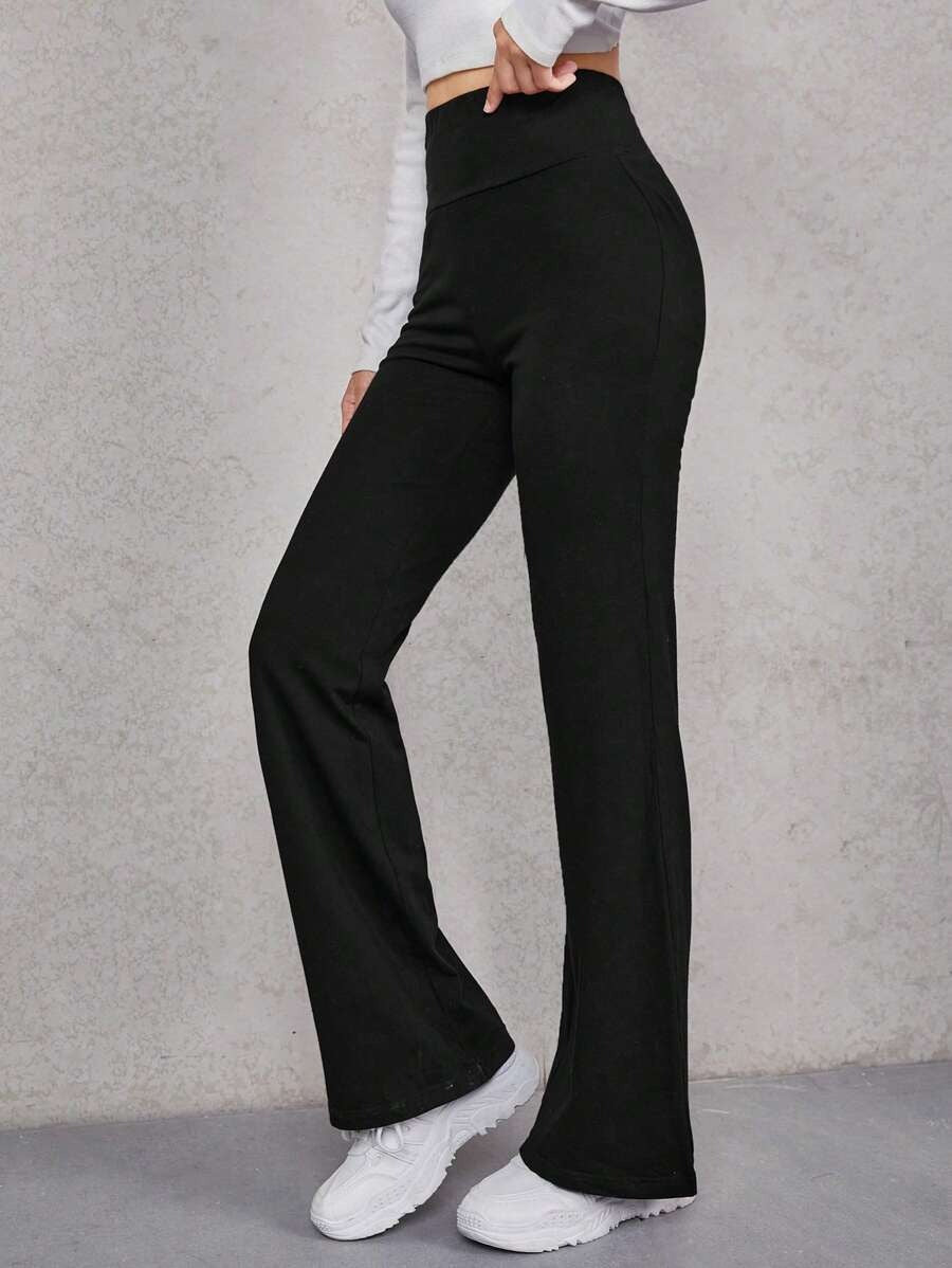 SHEIN EZwear بنطلون فلير بلون أسود بخصر عالي