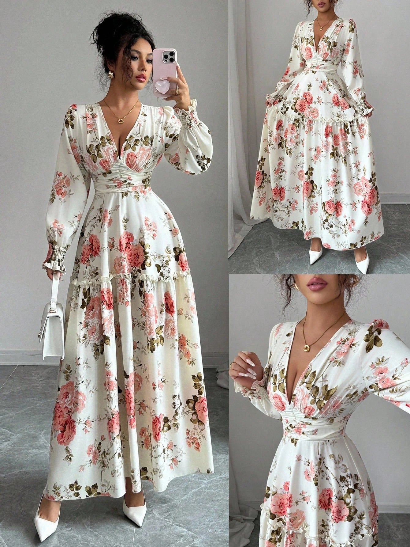 SHEIN Elenzga فستان ميدي بطبعة زهور صغيرة وياقة V وأكمام فانوس