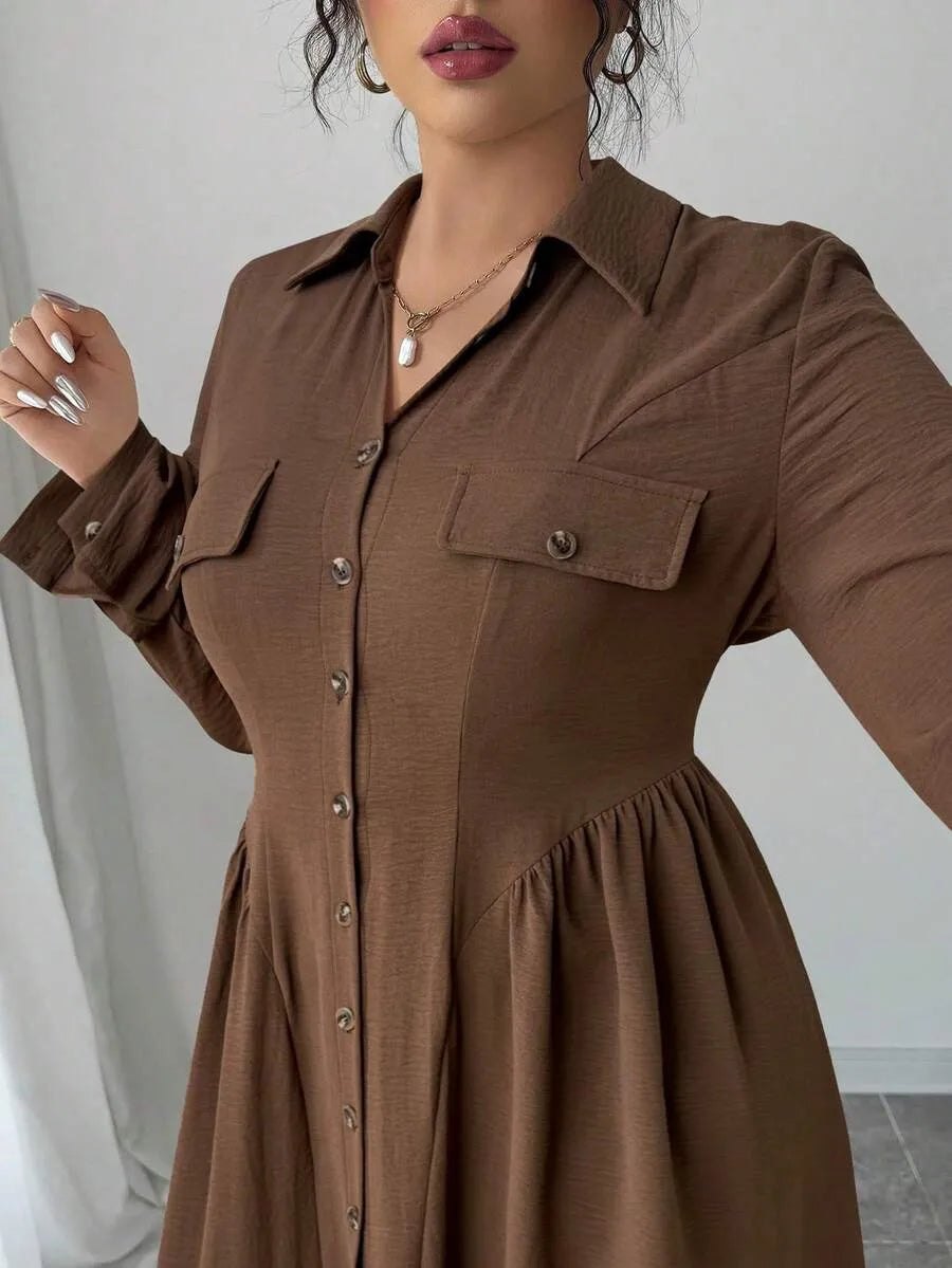 SHEIN Roveilla فستان نسائي بقميص وأزرار أمامية بلون بني