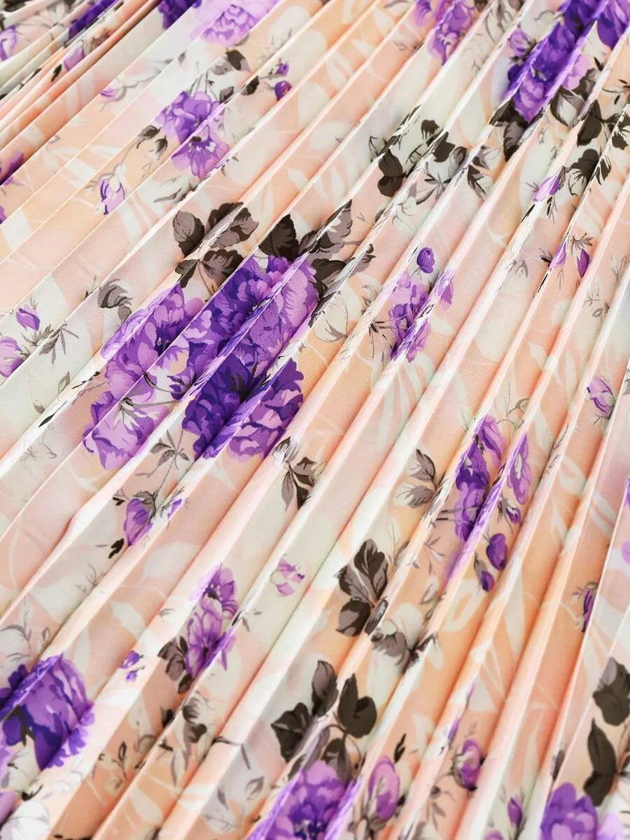 SHEIN طقم فستان بطبعة زهور مع كارديجان محبوك بلون أرجواني