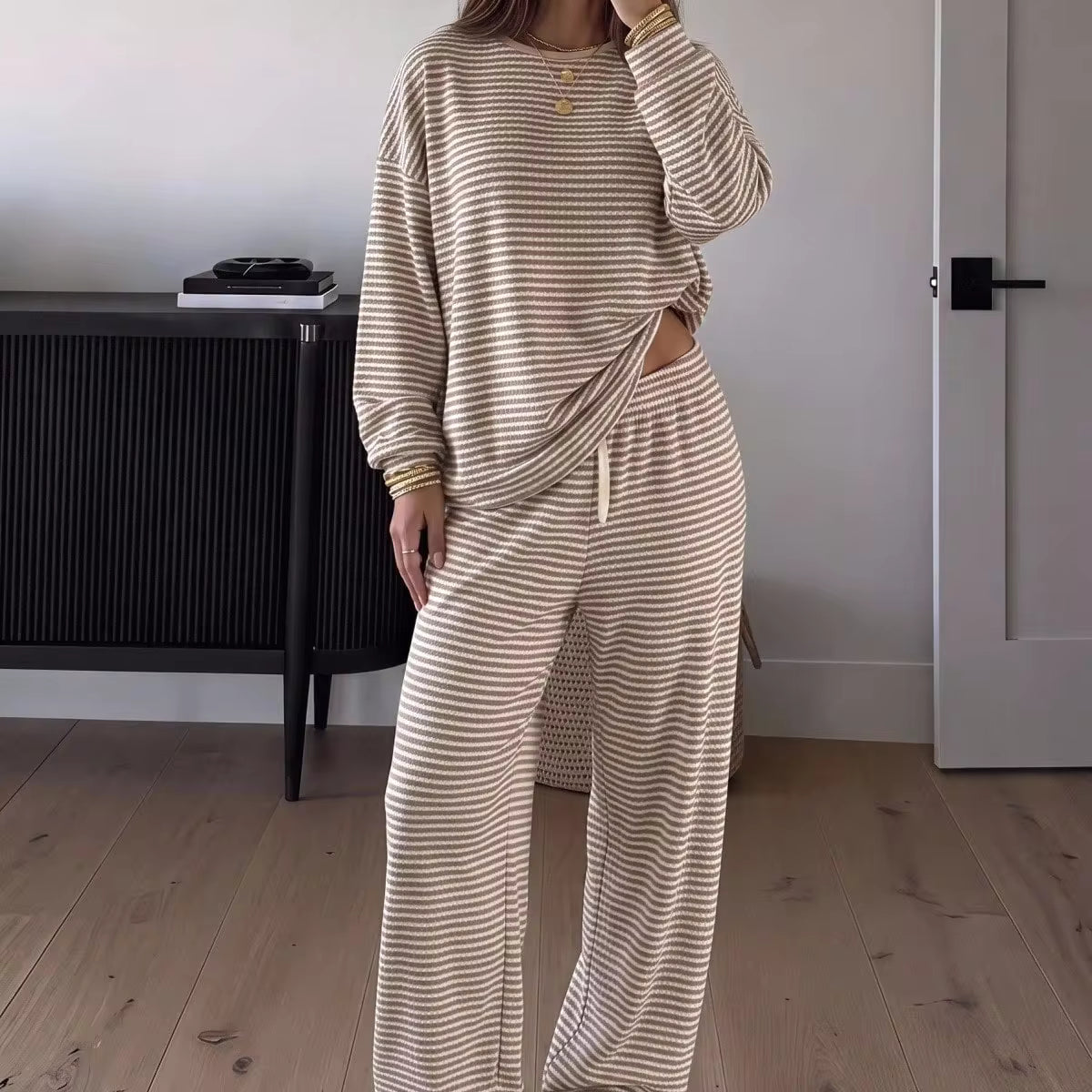 SHEIN Comfortcana بنطال نسائي كاجوال مخطط بخصر برباط بلون كاكي