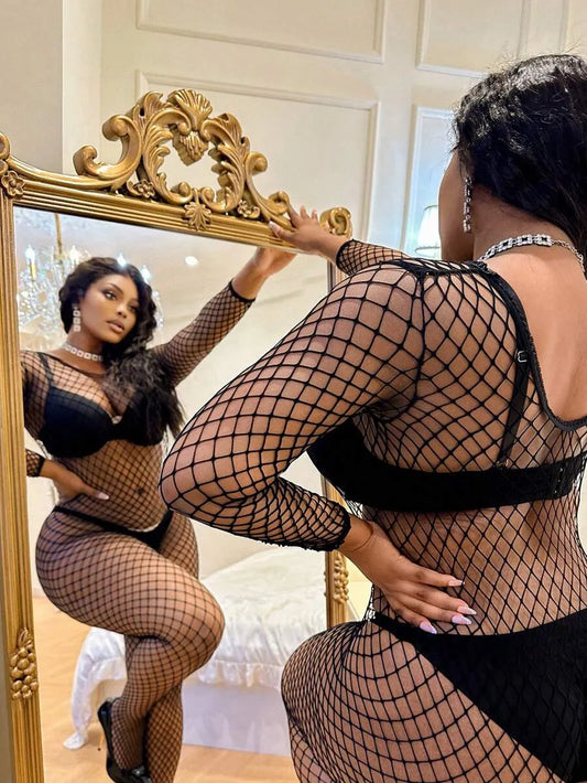SHEIN ChaseTheNight جمبسوت لانجري نسائي شبكي شفاف مفرغ بأكمام طويلة بلون أسود