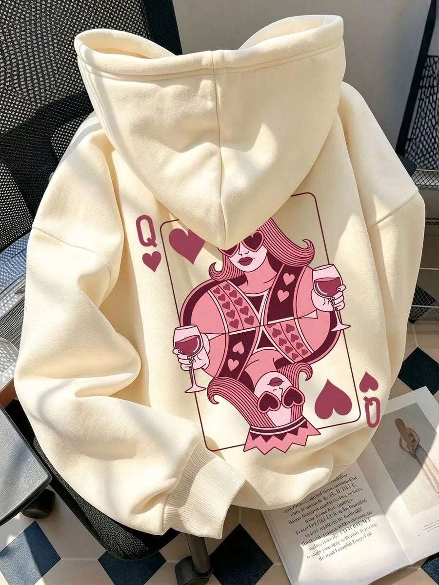 SHEIN هودي نسائي فضفاض بطبعة بوكر وبورتريه وجيب بلون المشمش الفاتح