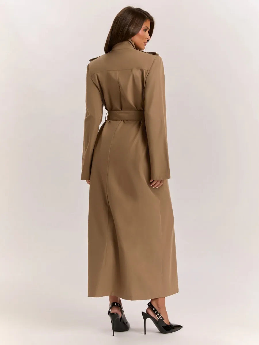 SHEIN BAE معطف طويل مزدوج الصدر بحزام وجيوب بلون كاكي